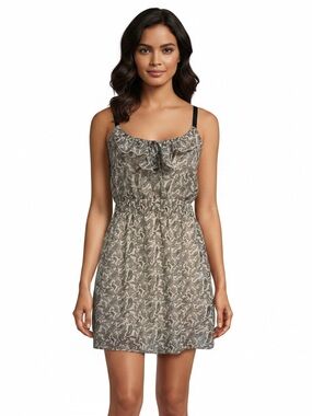 Red Berry Black & Cream French Ruffle & Button Neckline Flare Mini Dress -M